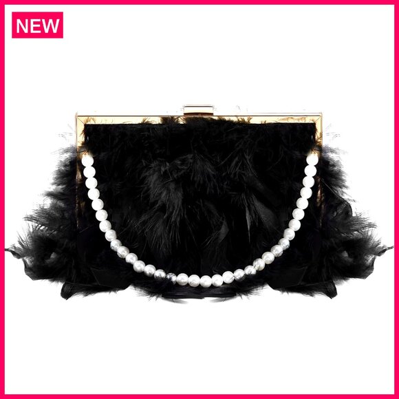 Handbags - Faux Feather Clutch Purse with 2 Chains, Evening Bag for Weddings Parties